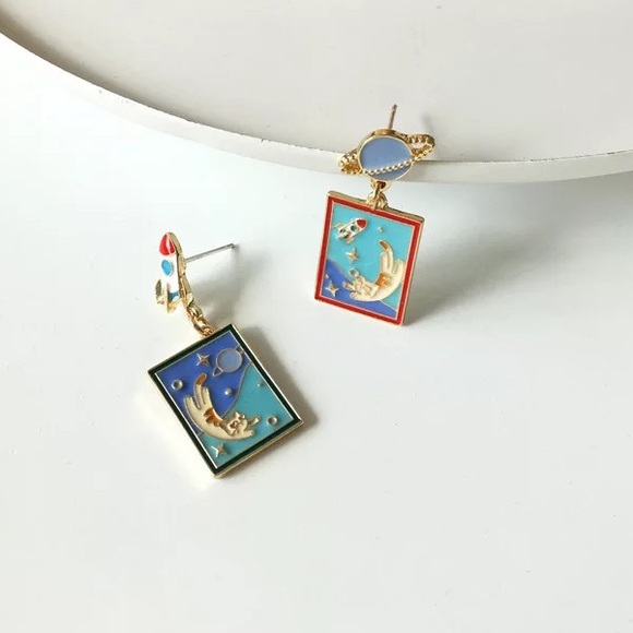 Cat in Space earrings planet rocket outer space - Picture 5 of 5